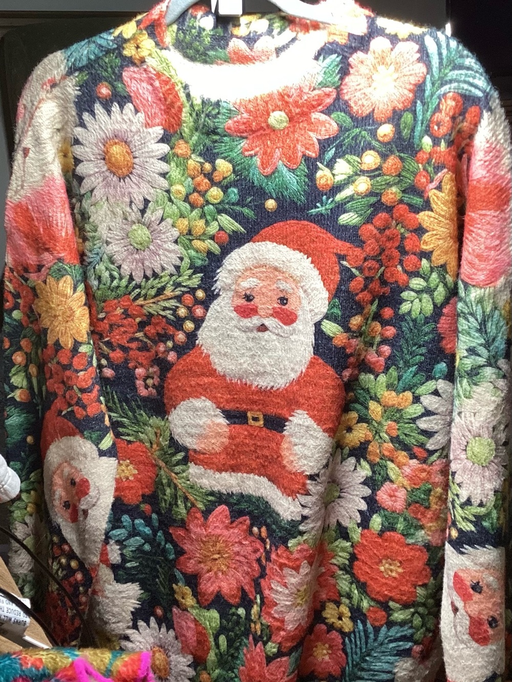 Festive Santa Floral Holiday Sweater in Red, Green, Navy